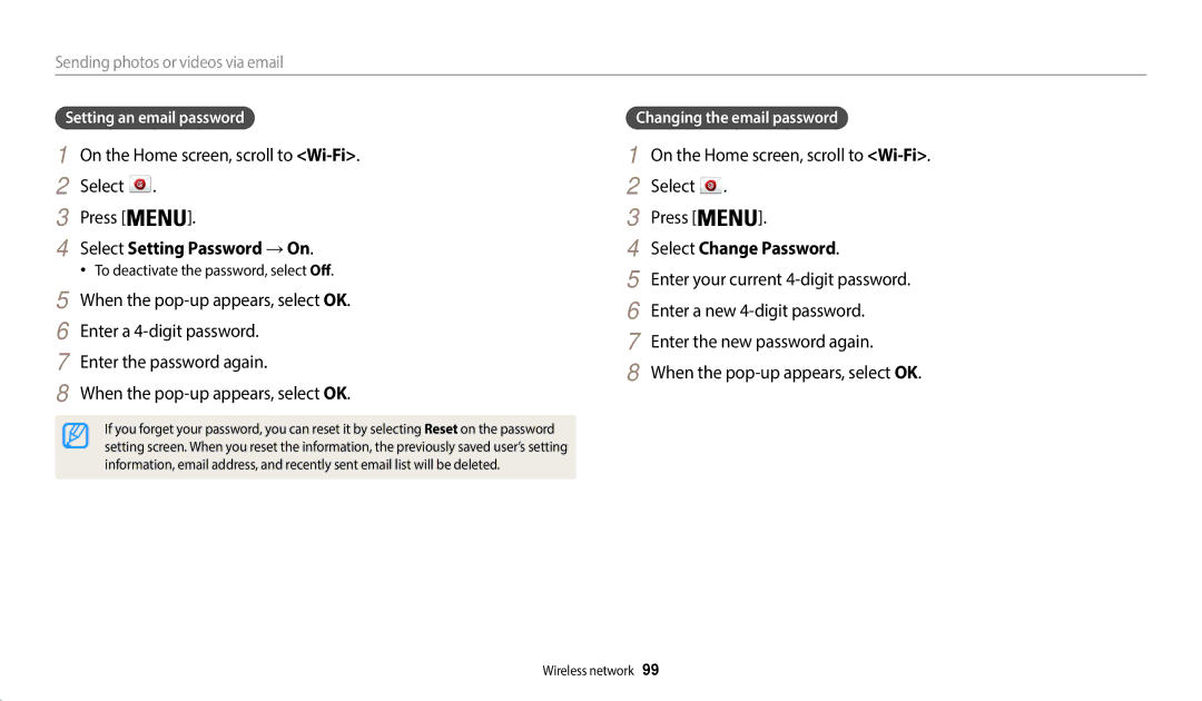 Samsung ECWB50FZBPRUS user manual Select Setting Password → On, Select Change Password, Sending photos or videos via email 