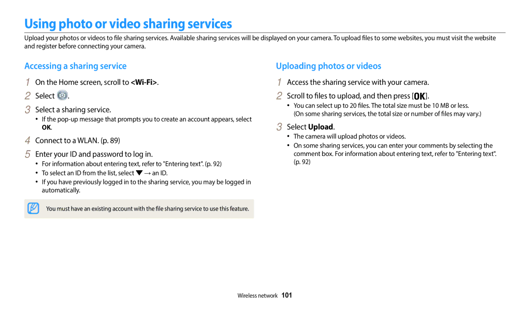 Samsung ECWB50FZBPBUS Using photo or video sharing services, Accessing a sharing service, Uploading photos or videos 