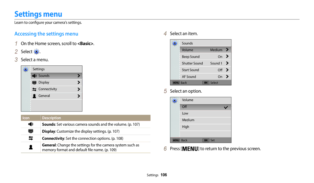 Samsung EC-WB50FZBPBUS Settings menu, Accessing the settings menu, Select an item, Press to return to the previous screen 