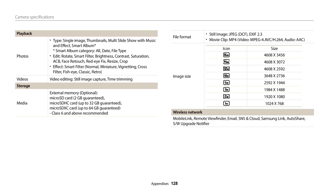 Samsung EC-WB50FZBPWUS, ECWB50FZBPBUS, ECWB50FZBPWUS, EC-WB50FZBPRUS, ECWB50FZBPRUS, EC-WB50FZBPBUS Storage, Wireless network 