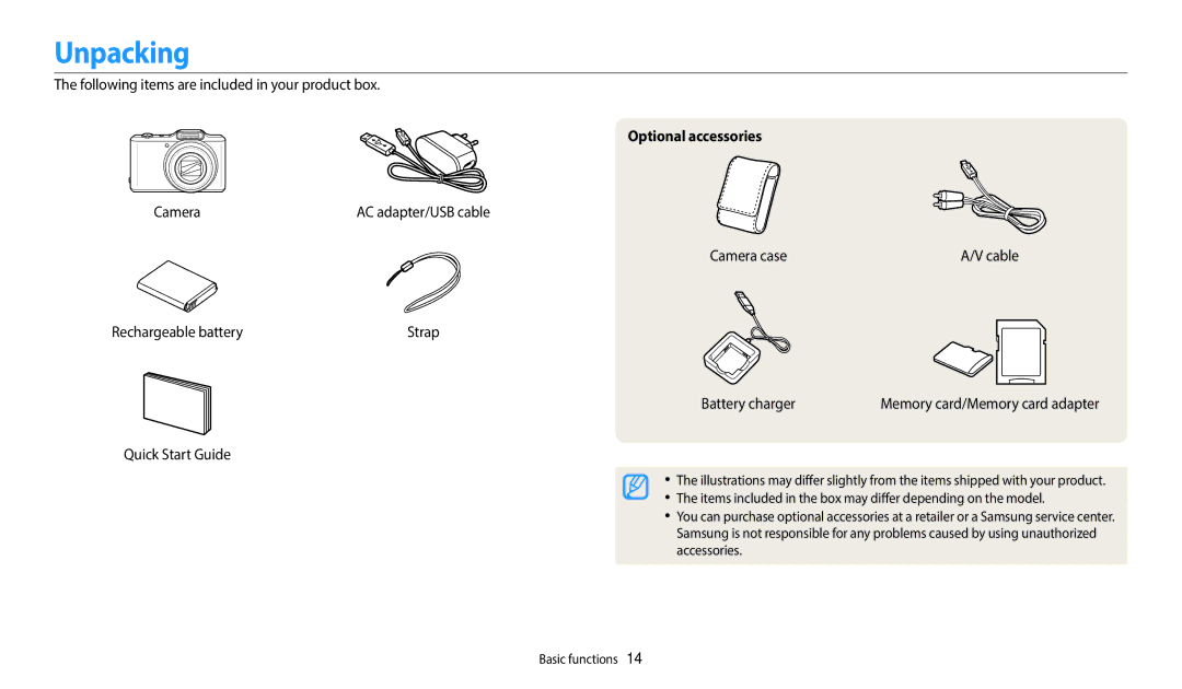 Samsung EC-WB50FZBPWUS, ECWB50FZBPBUS, ECWB50FZBPWUS, EC-WB50FZBPRUS, ECWB50FZBPRUS user manual Unpacking, Optional accessories 