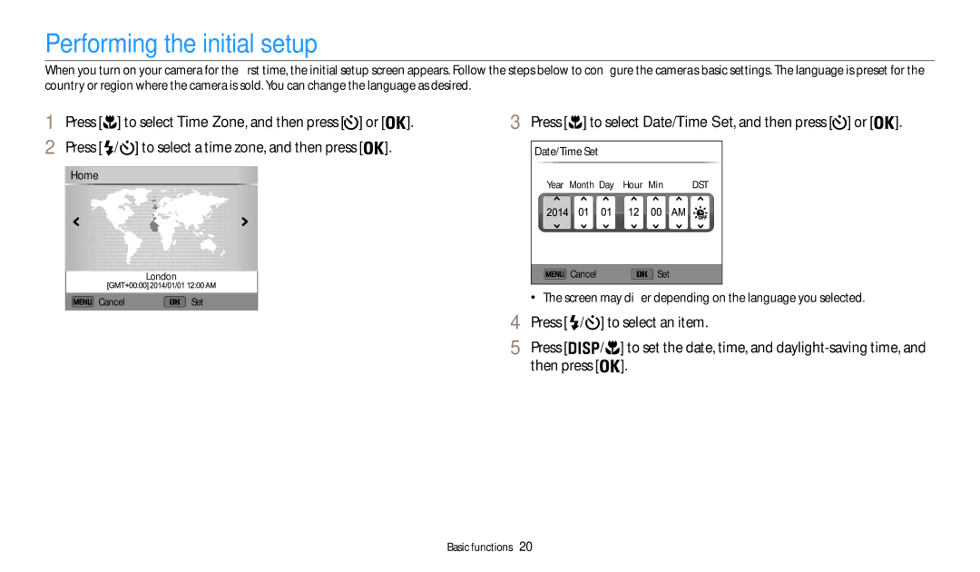 Samsung EC-WB50FZBPWUS, ECWB50FZBPBUS Performing the initial setup, Press to select Date/Time Set, and then press or 