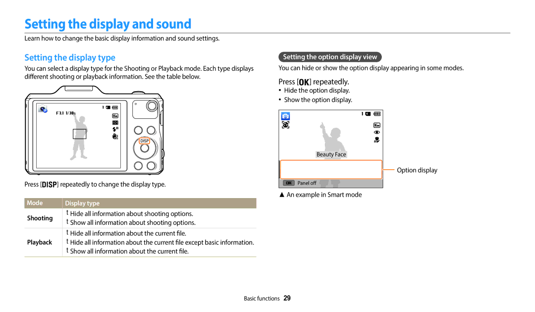 Samsung ECWB50FZBPBUS user manual Setting the display and sound, Setting the display type, Setting the option display view 