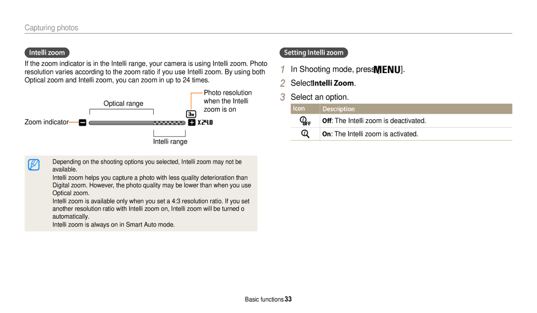 Samsung ECWB50FZBPRUS, ECWB50FZBPBUS, ECWB50FZBPWUS Shooting mode, press, Setting Intelli zoom, Select Intelli Zoom 