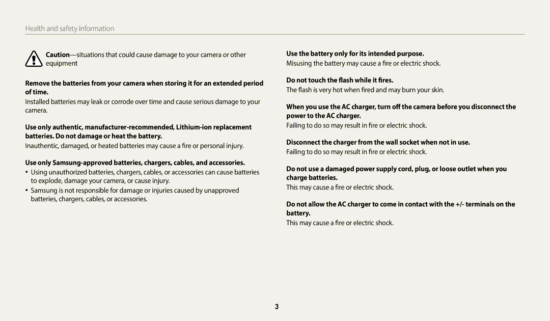 Samsung ECWB50FZBPRUS, ECWB50FZBPBUS Use the battery only for its intended purpose, Do not touch the flash while it fires 