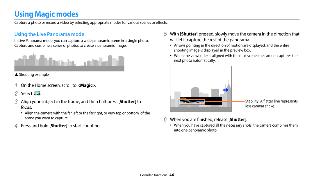 Samsung EC-WB50FZBPWUS user manual Using Magic modes, Using the Live Panorama mode, When you are finished, release Shutter 