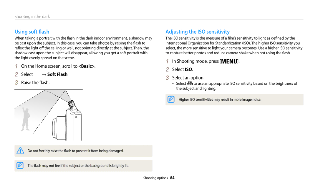 Samsung ECWB50FZBPWUS user manual Using soft flash, Shooting mode, press On the Home screen, scroll to Basic, → Soft Flash 