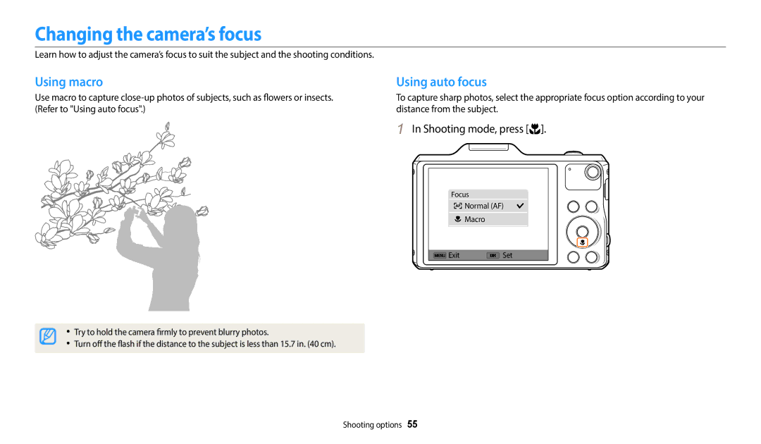 Samsung EC-WB50FZBPRUS, ECWB50FZBPBUS, ECWB50FZBPWUS user manual Changing the camera’s focus, Using macro, Using auto focus 