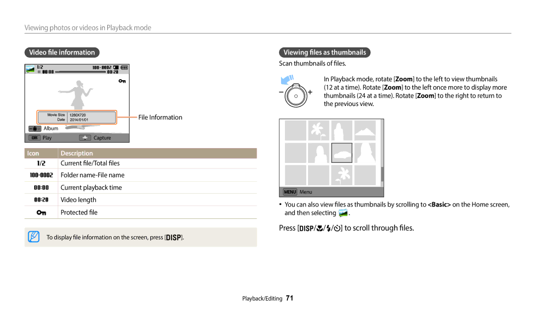 Samsung ECWB50FZBPBUS To scroll through files, Viewing photos or videos in Playback mode, Video file information 