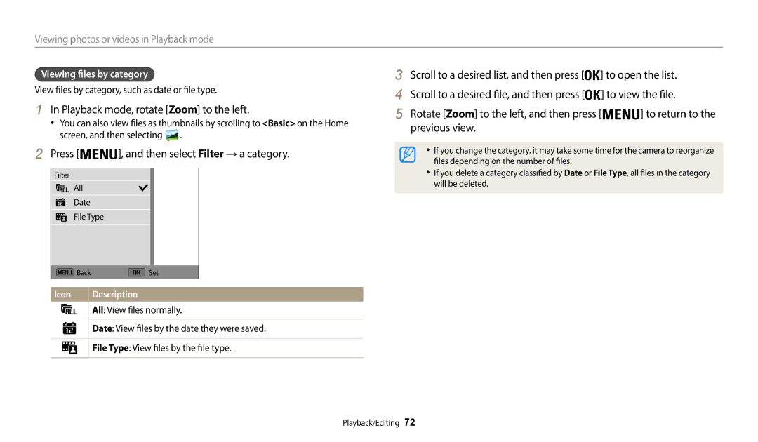 Samsung ECWB50FZBPWUS Playback mode, rotate Zoom to the left, Viewing files by category, All View files normally 