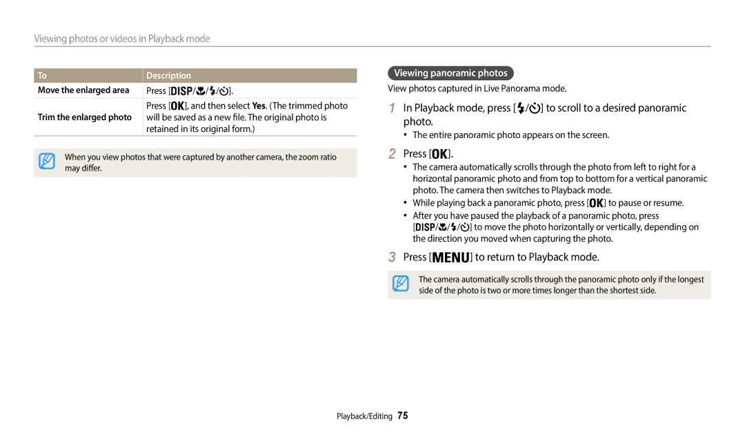 Samsung ECWB50FZBPRUS To return to Playback mode, Viewing panoramic photos, View photos captured in Live Panorama mode 