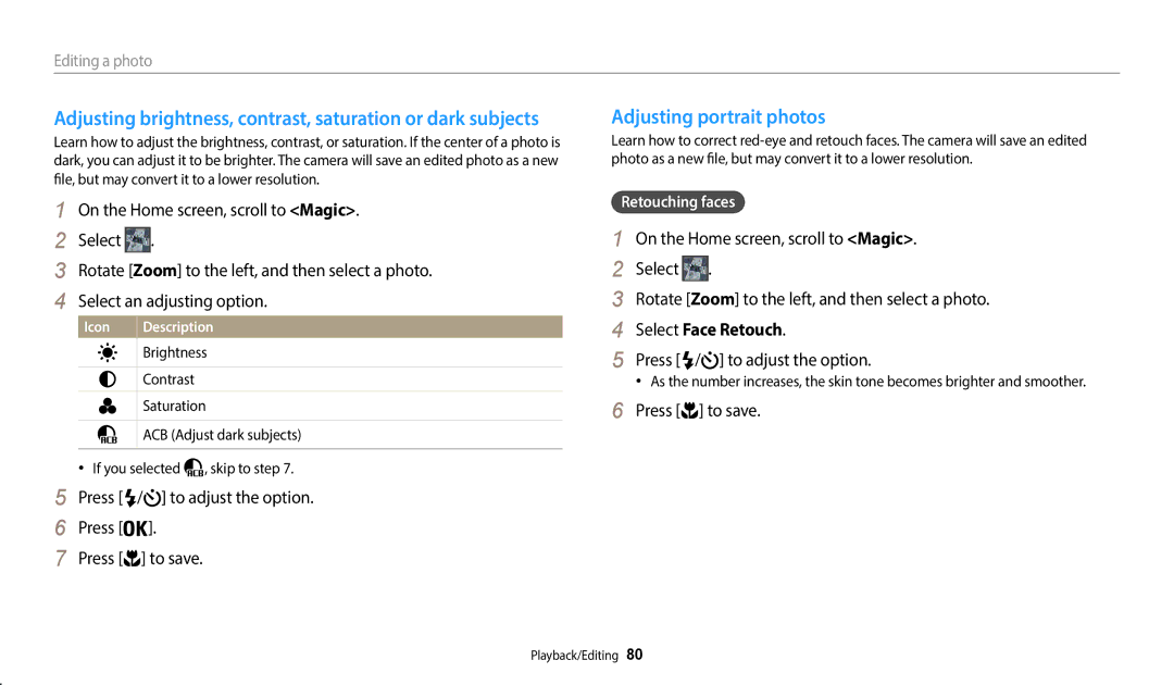 Samsung EC-WB50FZBPWUS Adjusting portrait photos, Press / to adjust the option Press to save, Select Face Retouch 