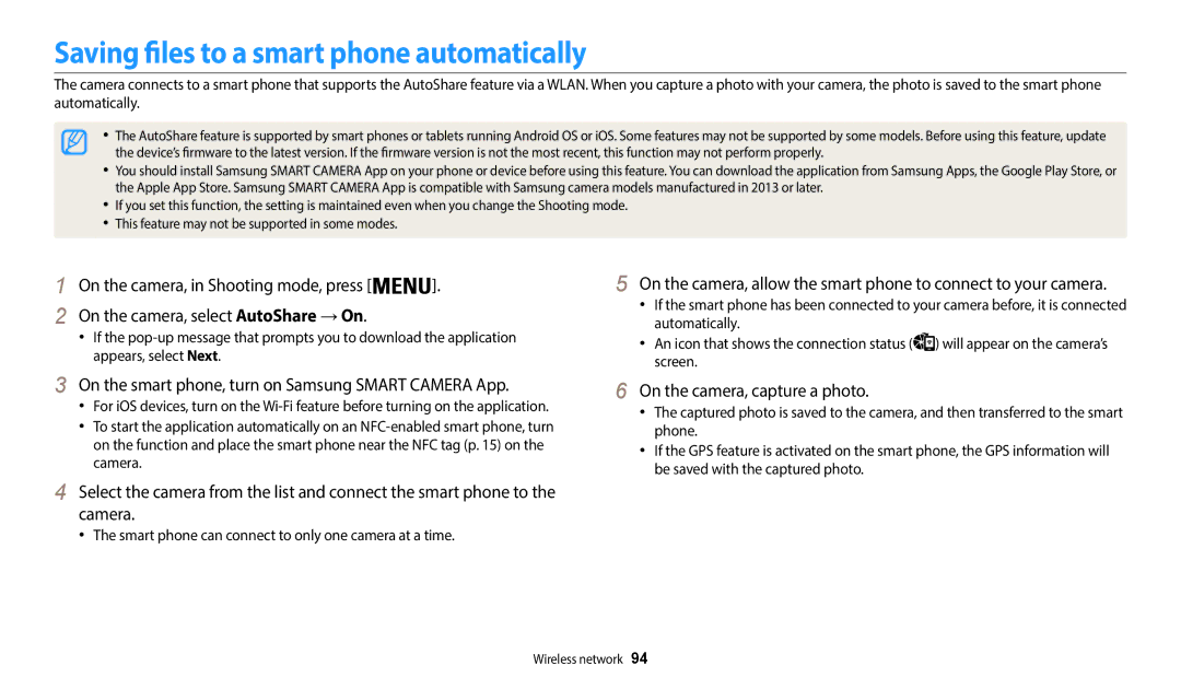 Samsung EC-WB50FZBPBUS, ECWB50FZBPBUS Saving files to a smart phone automatically, On the camera, select AutoShare → On 