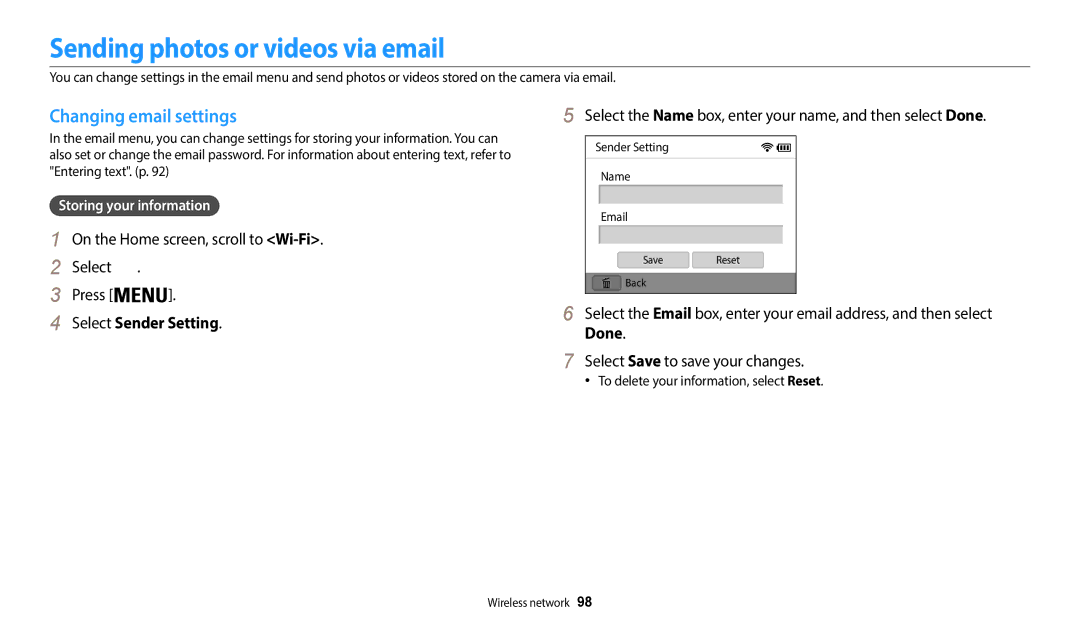 Samsung EC-WB50FZBPWUS user manual Sending photos or videos via email, Changing email settings, Select Sender Setting, Done 