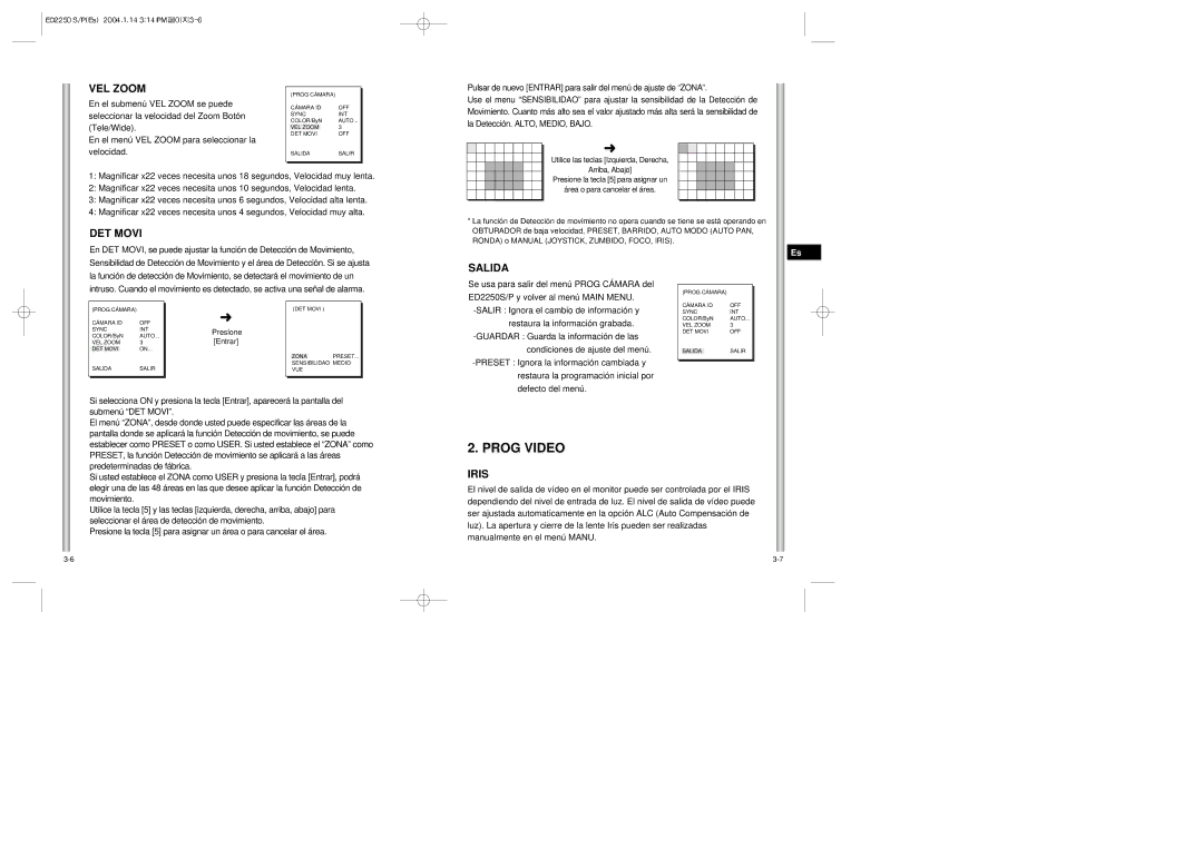 Samsung ED2250S/P manual VEL Zoom, DET Movi, Salida 