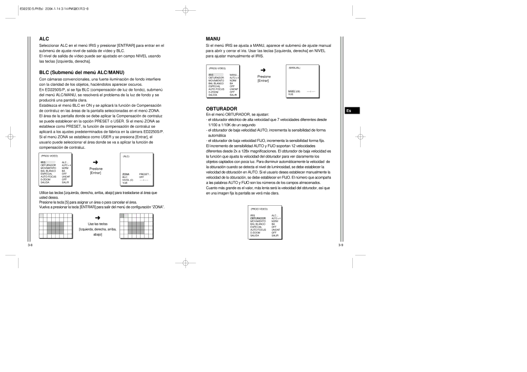 Samsung ED2250S/P manual BLC Submenú del menú ALC/MANU, Obturador, 100 a 1/10K de un segundo, Automática, En el menú 