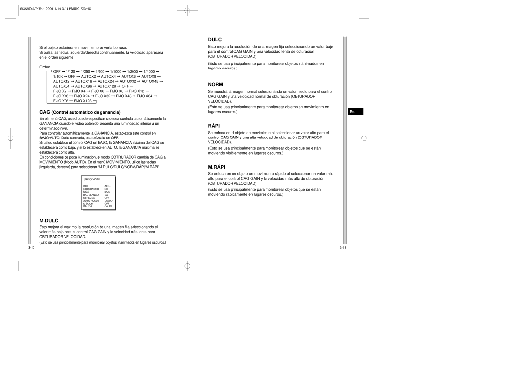 Samsung ED2250S/P manual Dulc, Rápi, CAG Control automático de ganancia, Orden 