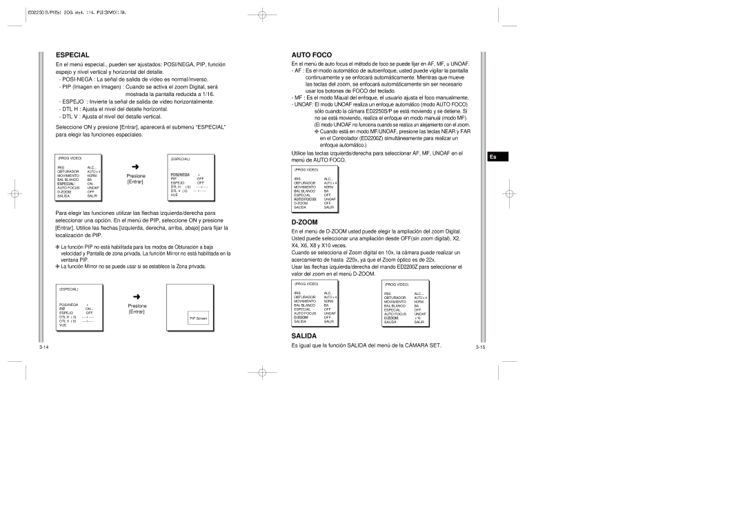 Samsung ED2250S/P manual Especial, Auto Foco, POSI-NEGA La señal de salida de vídeo es normal/inverso, Unoaf 