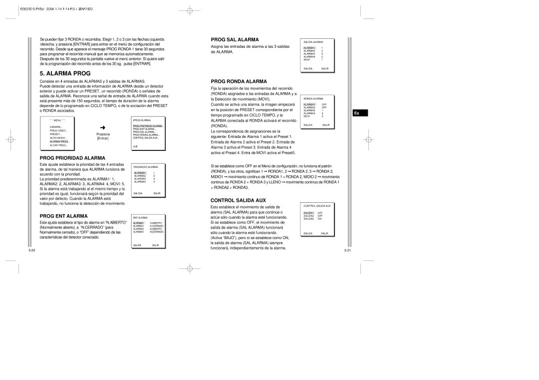 Samsung ED2250S/P manual Alarma Prog, Prog SAL Alarma, Prog Ronda Alarma, Prog Prioridad Alarma 