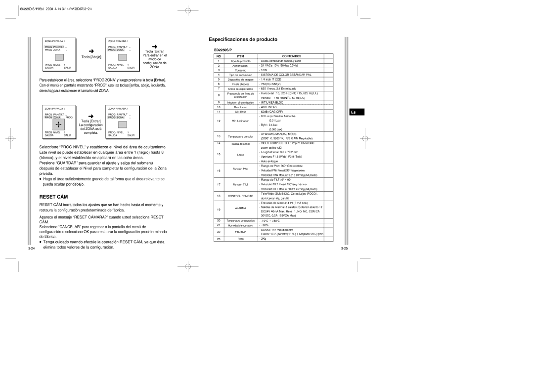 Samsung ED2250S/P manual Especificaciones de producto, Aparece el mensaje ? cuando usted seleccionaRESET CÁM, Tecla Abajo 