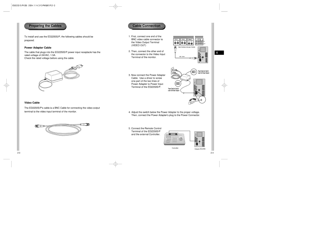 Samsung ED2250S/P manual Preparing the Cables, Cable Connection, Power Adapter Cable, Video Cable 