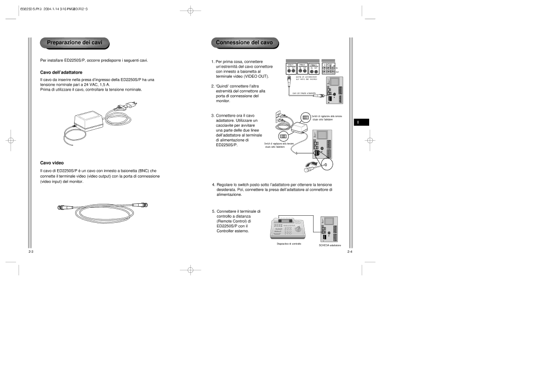 Samsung ED2250S/P manual Preparazione dei cavi, Connessione del cavo, Cavo dell’adattatore, Cavo video 