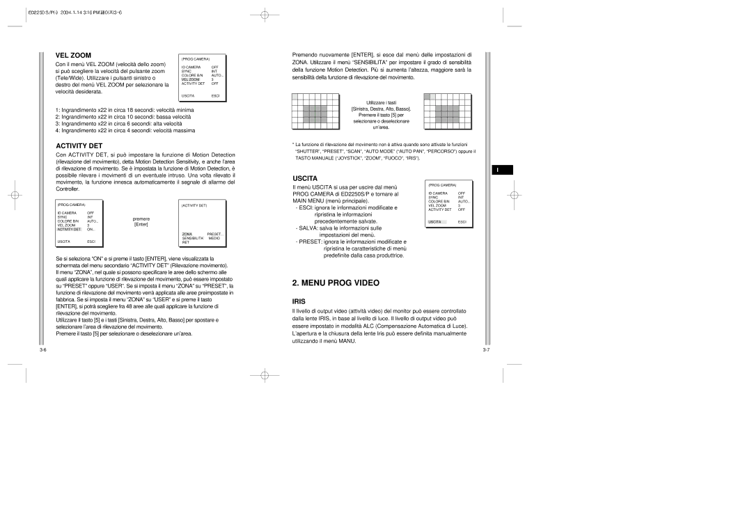 Samsung ED2250S/P manual Menu Prog Video, Activity DET, Uscita 