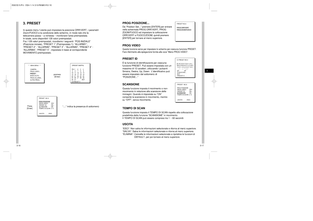 Samsung ED2250S/P manual Prog Posizione, Scansione, Tempo DI Scan, Posizione iniziale, Preset 1 Preimpostata 1 ALLARMI1 