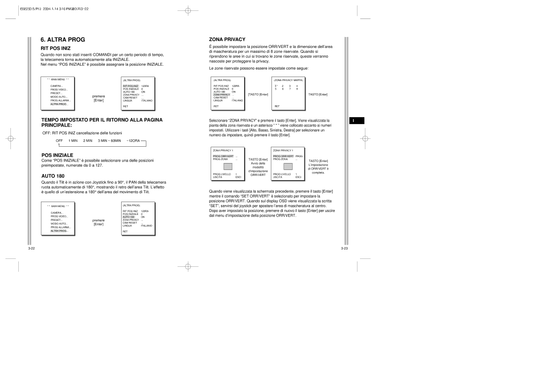 Samsung ED2250S/P RIT POS Iniz, Zona Privacy, Tempo Impostato PER IL Ritorno Alla Pagina Principale, POS Iniziale, Auto 