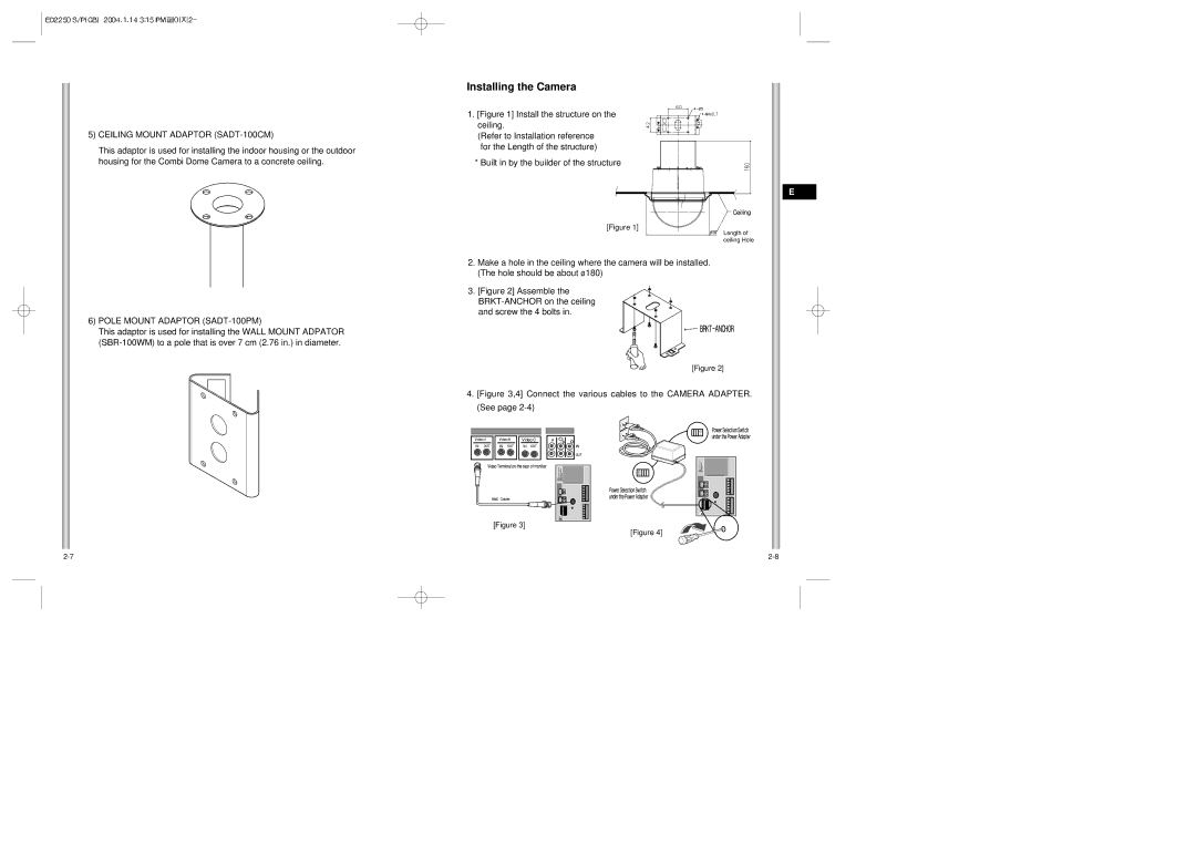 Samsung ED2250S/P manual Installing the Camera, Ceiling Mount Adaptor SADT-100CM, Pole Mount Adaptor SADT-100PM, Ø180 