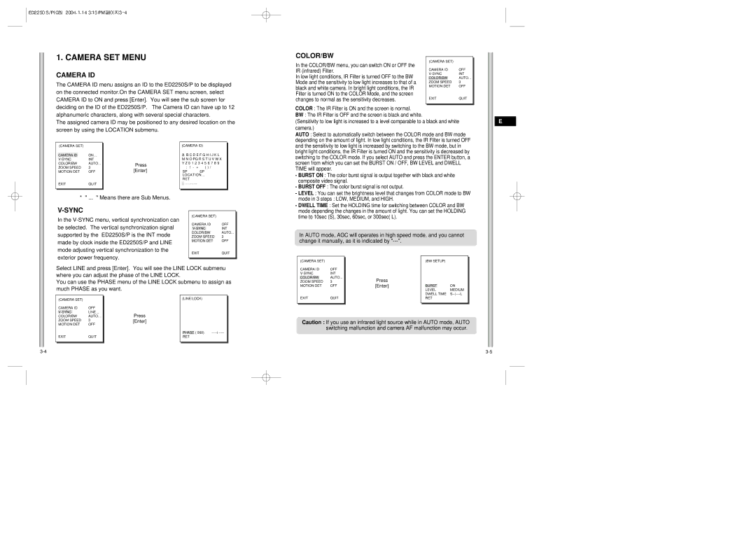 Samsung ED2250S/P manual Camera SET Menu, Camera ID, Color/Bw, Sync, Means there are Sub Menus 