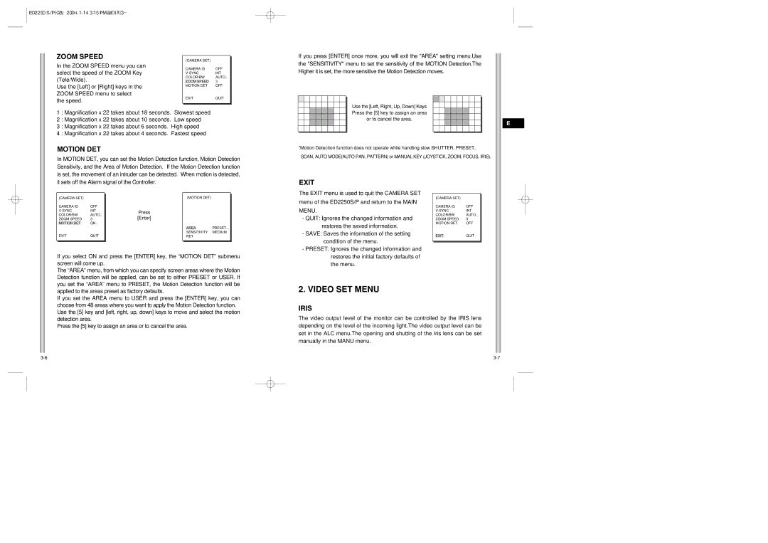 Samsung ED2250S/P manual Video SET Menu, Zoom Speed, Motion DET, Exit, Iris 