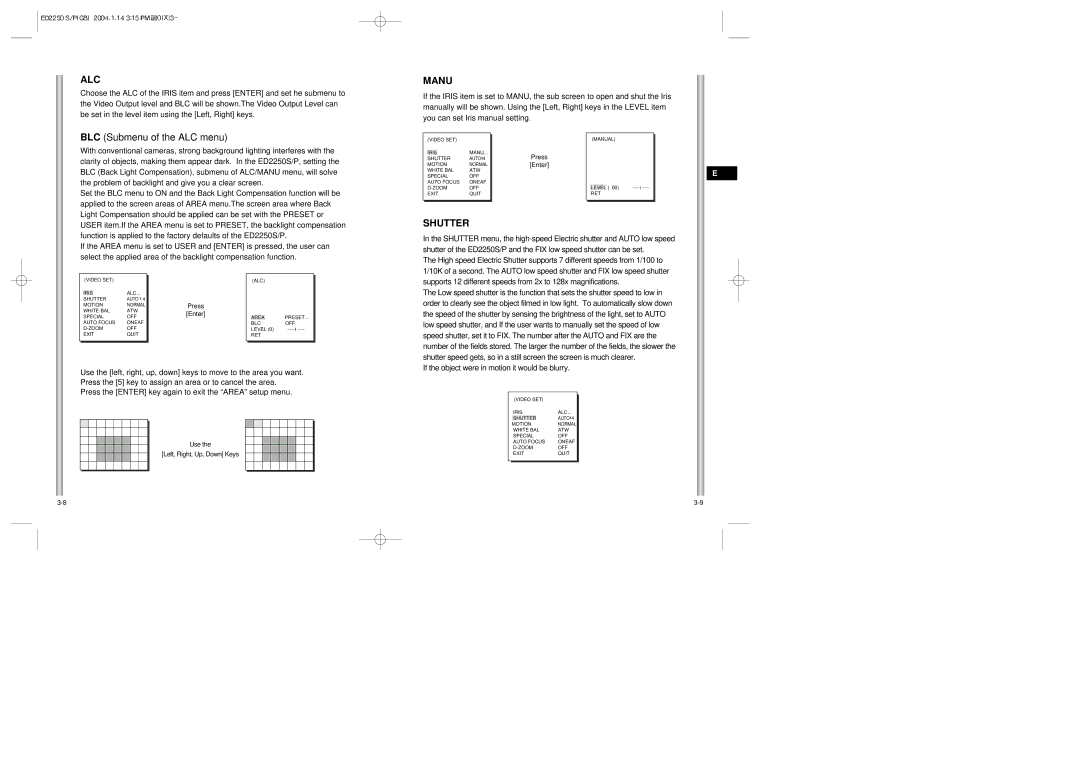 Samsung ED2250S/P Alc, Manu, Shutter, If the object were in motion it would be blurry, Use Left, Right, Up, Down Keys 