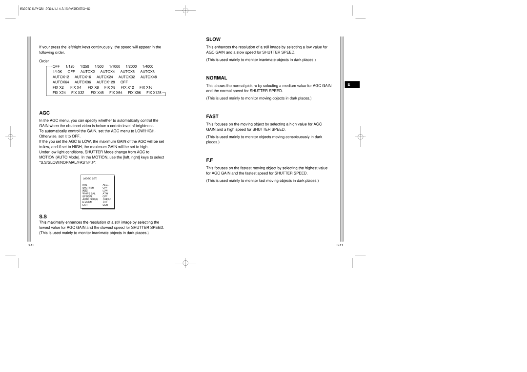 Samsung ED2250S/P manual Agc, Slow, Normal, Fast 