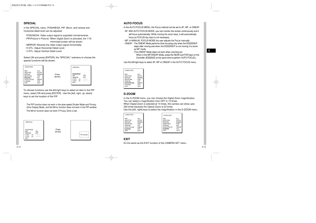 Samsung ED2250S/P manual Special, Auto Focus, Zoom, POSI/NEGA Video output signal is outputted normal/reverse 