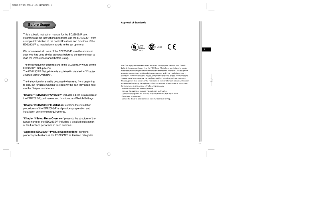 Samsung manual Before Usage, Procedures of the ED2250S/P and provides preparation, Explains the installation 