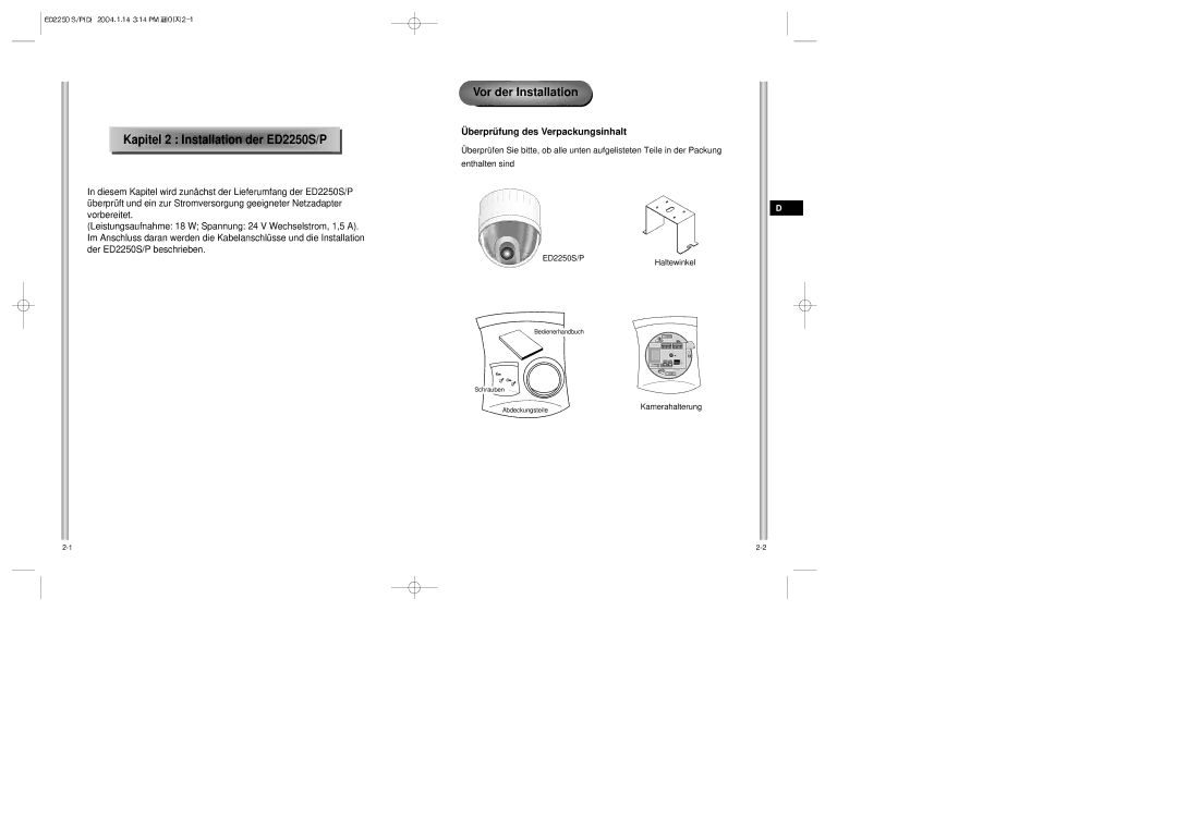 Samsung manual Vor der Installation, Überprüfung des Verpackungsinhalt, ED2250S/PHaltewinkel 