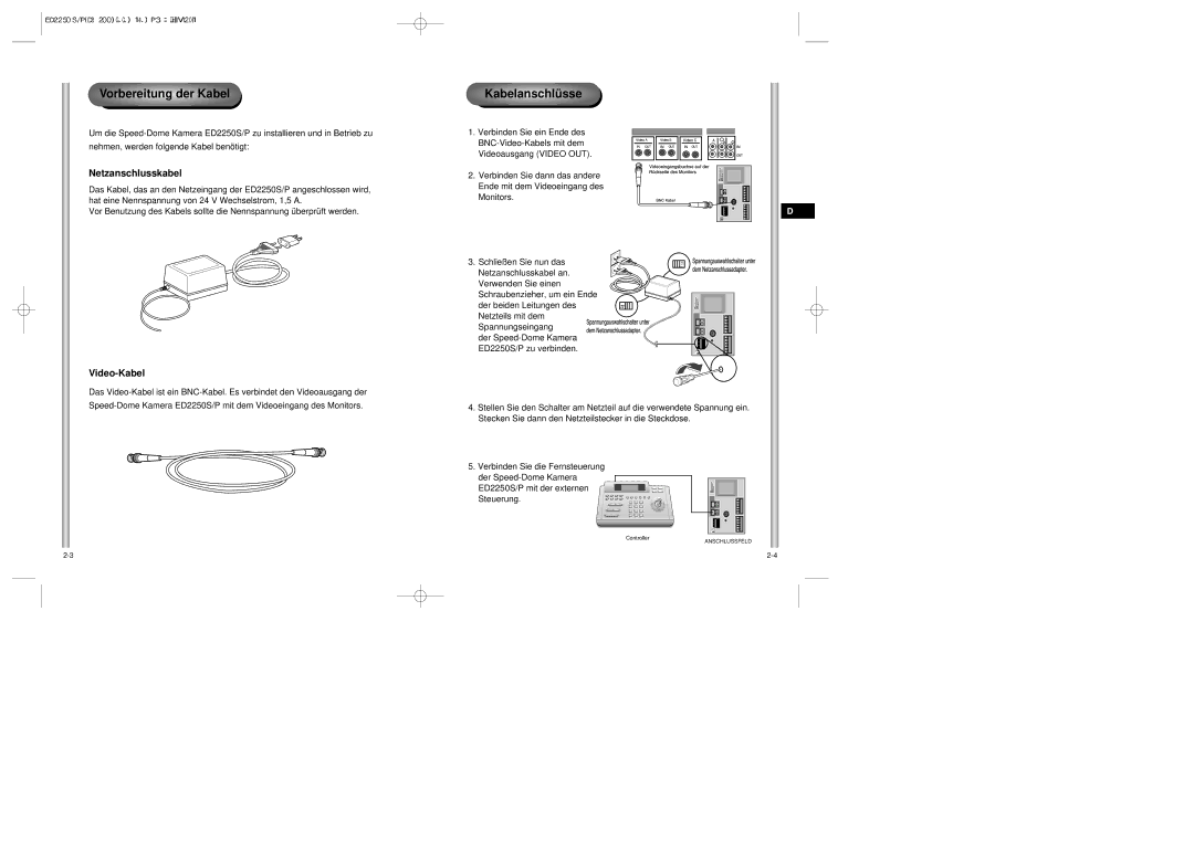 Samsung ED2250S/P manual Vorbereitung der Kabel, Kabelanschlüsse, Netzanschlusskabel, Video-Kabel 