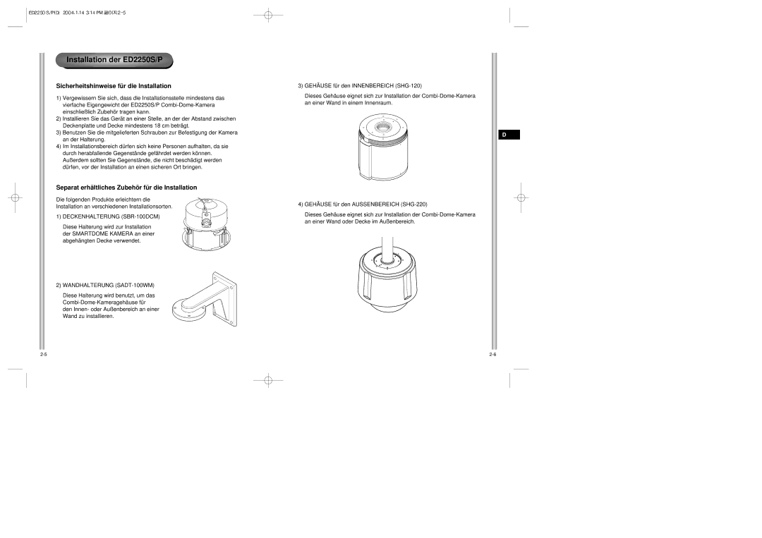 Samsung manual Installation der ED2250S/P, Sicherheitshinweise für die Installation, Deckenhalterung SBR-100DCM 