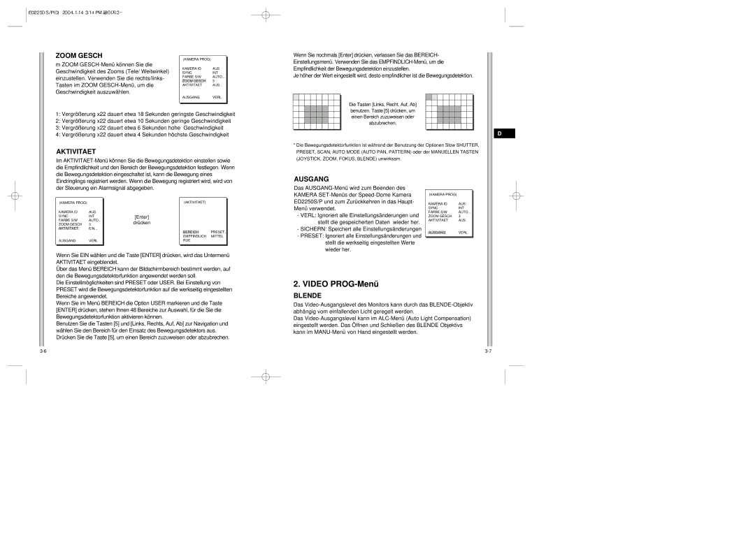 Samsung ED2250S/P manual Video PROG-Menü, Zoom Gesch, Aktivitaet, Ausgang, Blende 