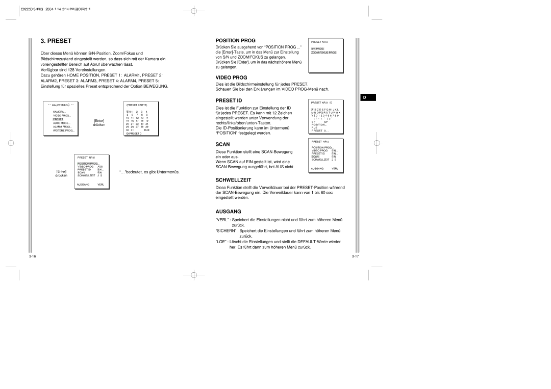 Samsung ED2250S/P manual Position Prog, Video Prog, Schwellzeit, Drücken Sie Enter, um in das nächsthöhere Menü zu gelangen 