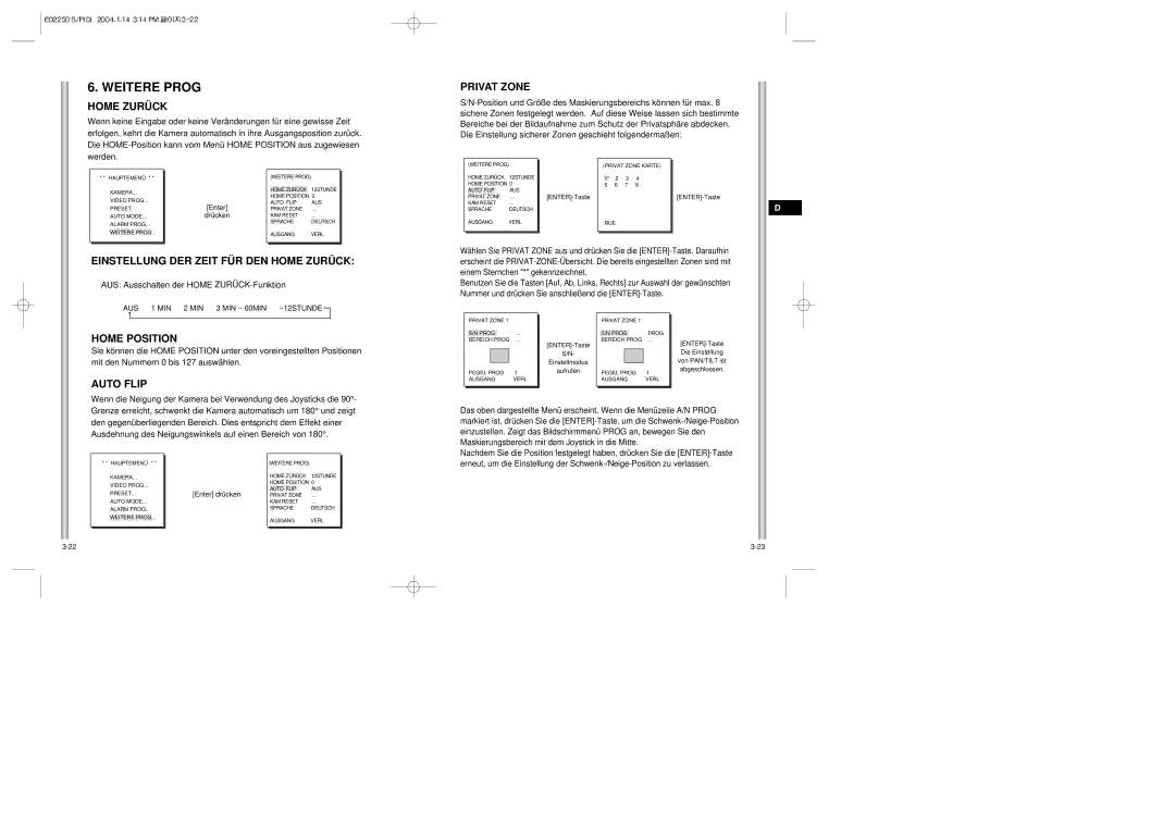 Samsung ED2250S/P manual Weitere Prog, Privat Zone, Einstellung DER Zeit FÜR DEN Home Zurück 