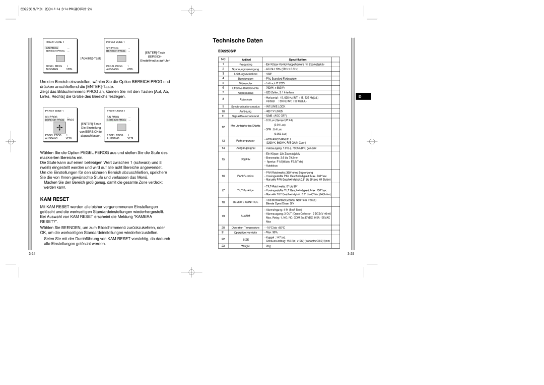 Samsung ED2250S/P manual Technische Daten, KAM Reset, Abwärts-Taste 