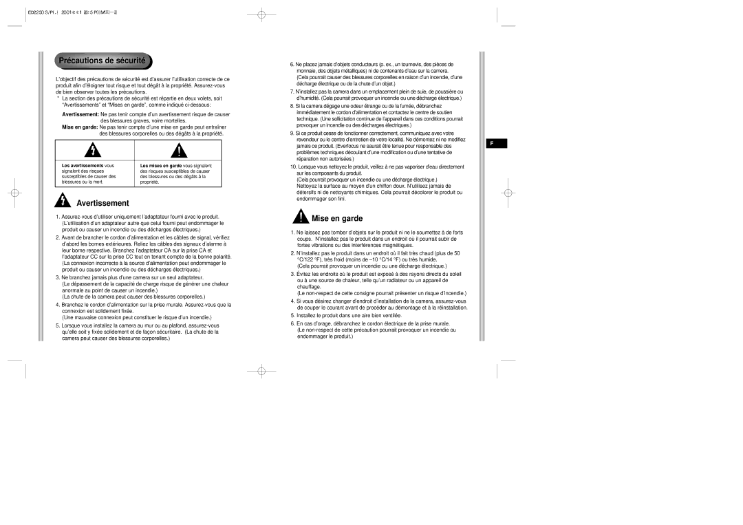 Samsung ED2250S/P manual Précautions de sécurité, Avertissement, Mise en garde 