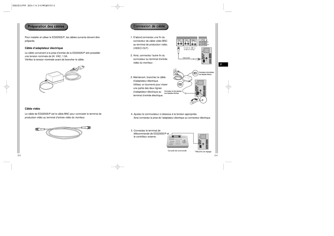 Samsung ED2250S/P manual Préparation des câbles, Connexion de câble, Câble d’adaptateur électrique, Câble vidéo 