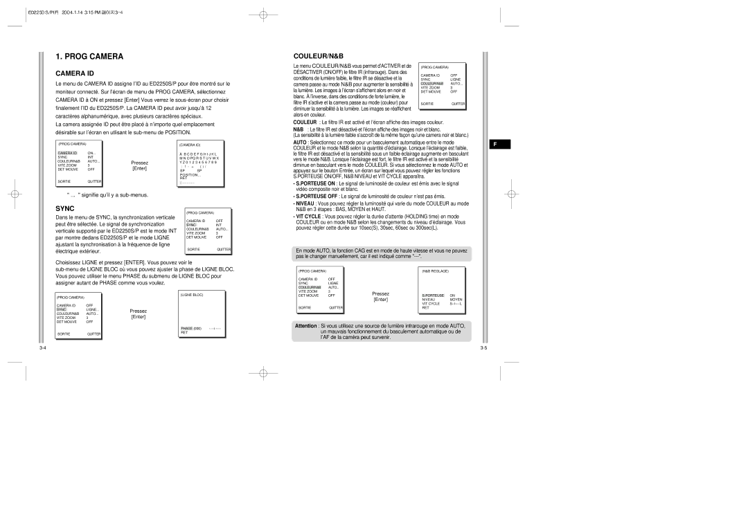 Samsung ED2250S/P manual Couleur/N&B, Signifie qu’il y a sub-menus, ’AF de la caméra peut survenir 