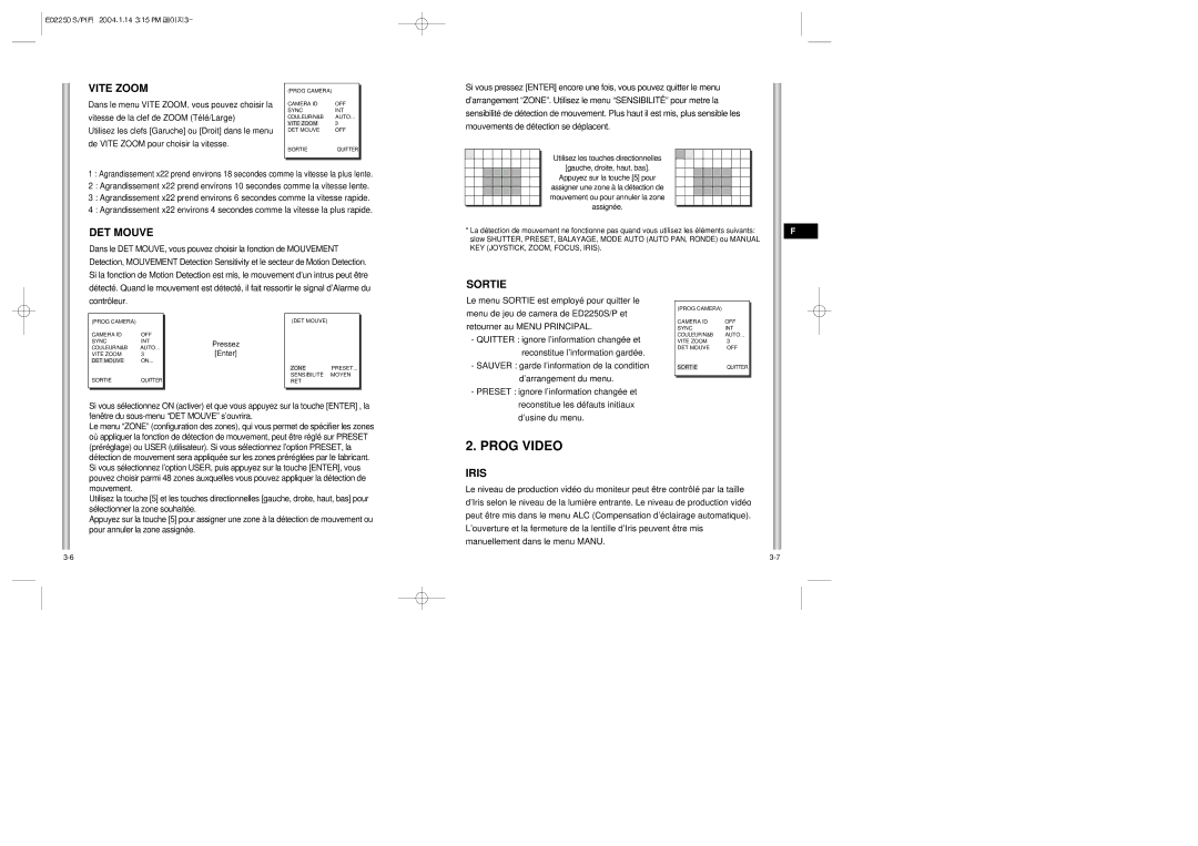 Samsung ED2250S/P manual Prog Video, Vite Zoom, DET Mouve, Sortie 