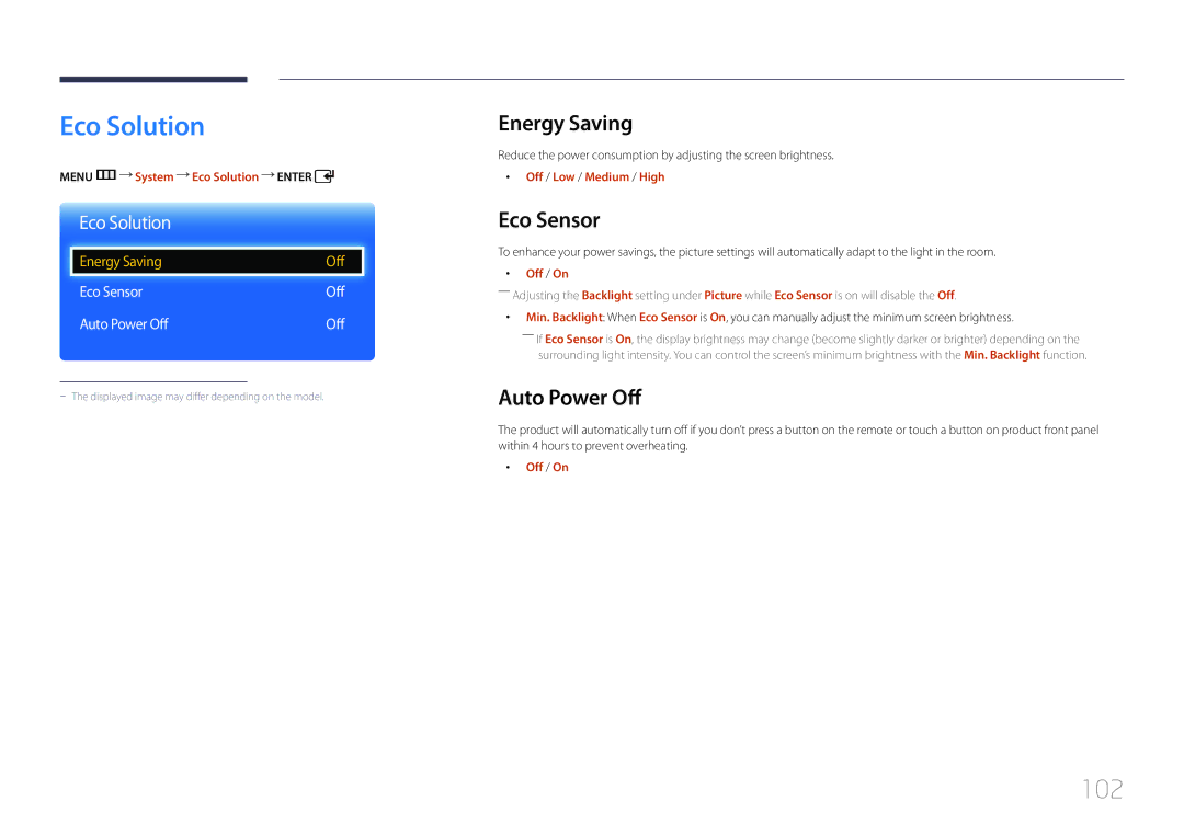 Samsung ED46C, ED65C, ED55C, ED32C, ED40C user manual Eco Solution, 102, Energy Saving, Eco Sensor, Auto Power Off 