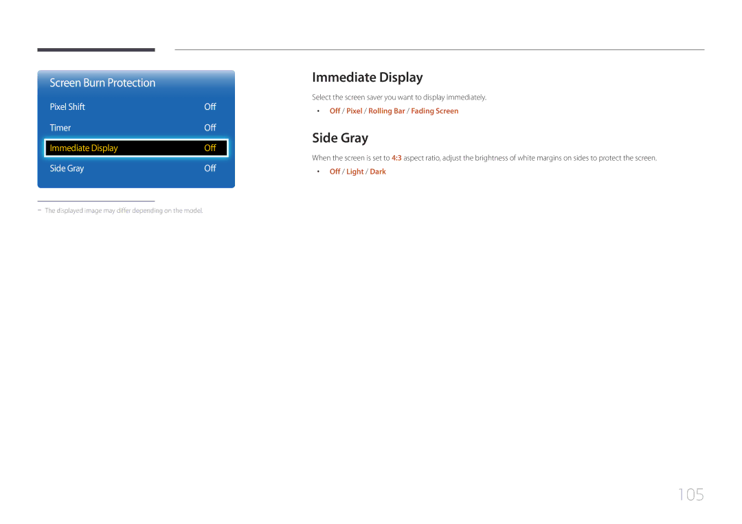 Samsung ED65C, ED55C, ED46C, ED32C, ED40C user manual 105, Immediate Display, Pixel Shift Off Timer, Side Gray Off 