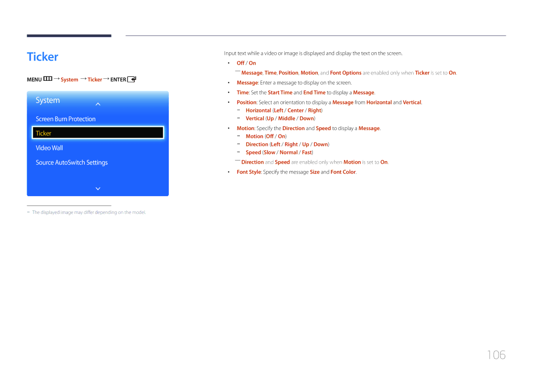 Samsung ED55C 106, Video Wall Source AutoSwitch Settings, Menu m System Ticker Enter, Vertical Up / Middle / Down 